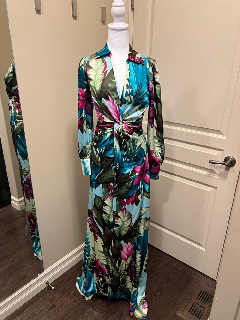 Fashion Nova Tropical Wrap Maxi Dress in Teal, Pink and Green